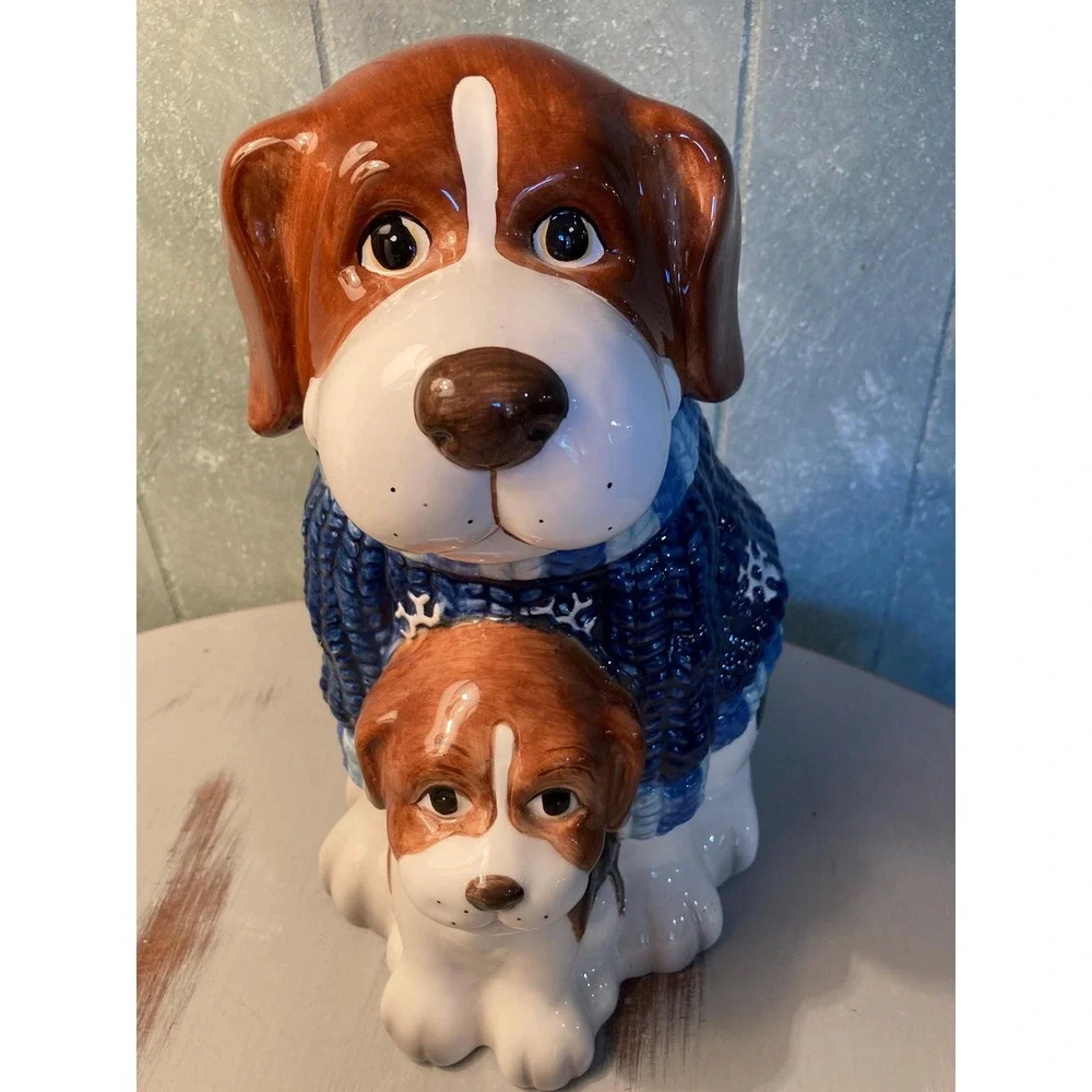 Dog And Puppy Cookie Jar In Snowflake Christmas Sweater